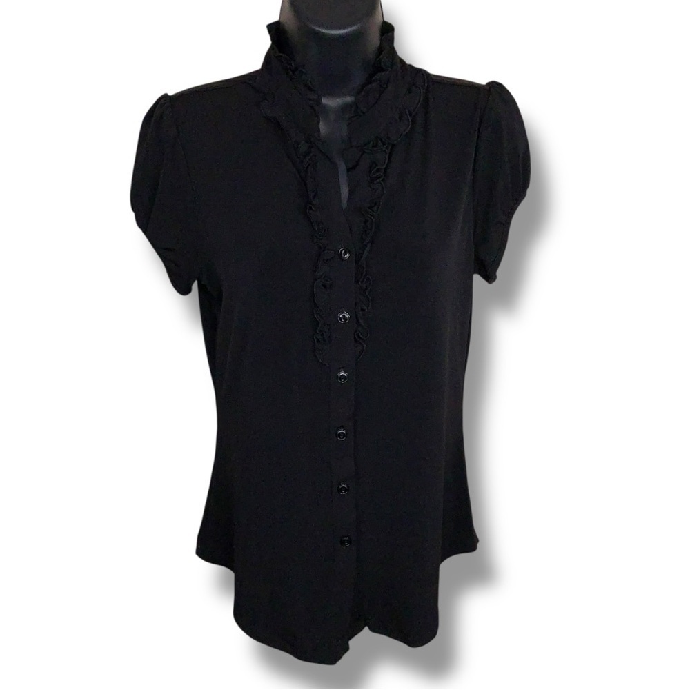 Y2K Era Small Speechless Black Ruffle Goth Retro Pinup Top Stretch Short Sleeve